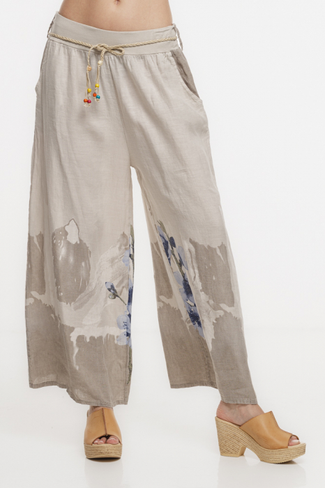 Pantaloni de vara largi din in bej cu imprimeu floral artistic