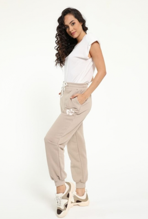 Pantaloni din bumbac bej, casual, cu floricica