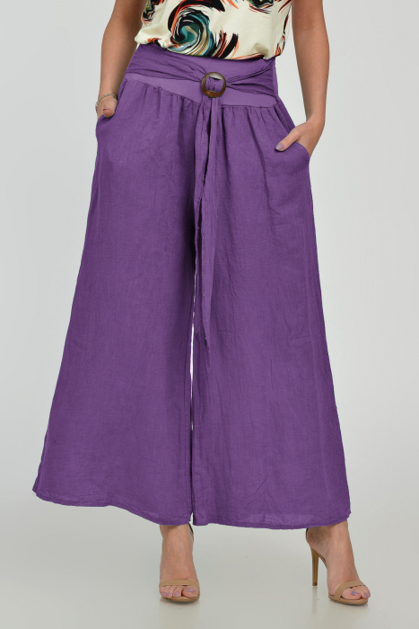 Pantaloni drepi, largi, de vara, din in, cu accesoriu de lemn, mov