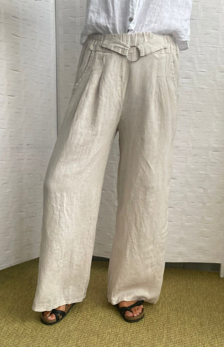 Pantaloni largi de vara din in, cu cerc metalic, bej