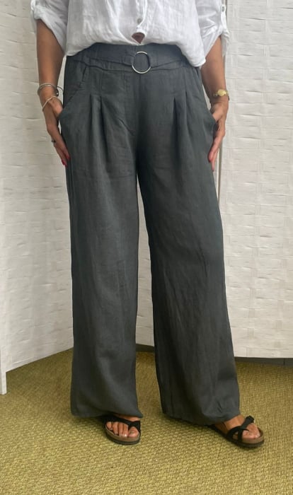 Pantaloni largi de vara din in, cu cerc metalic, gri