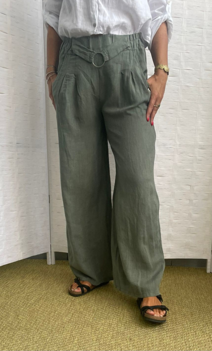 Pantaloni largi de vara din in, cu cerc metalic, kaki