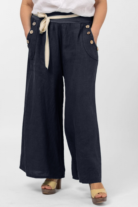 Pantaloni largi de vara, din in, cu nasturi din lemn la buzunare, bleumarin