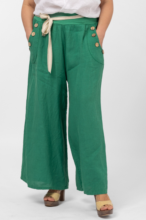 Pantaloni largi de vara, din in, cu nasturi din lemn la buzunare, verzi