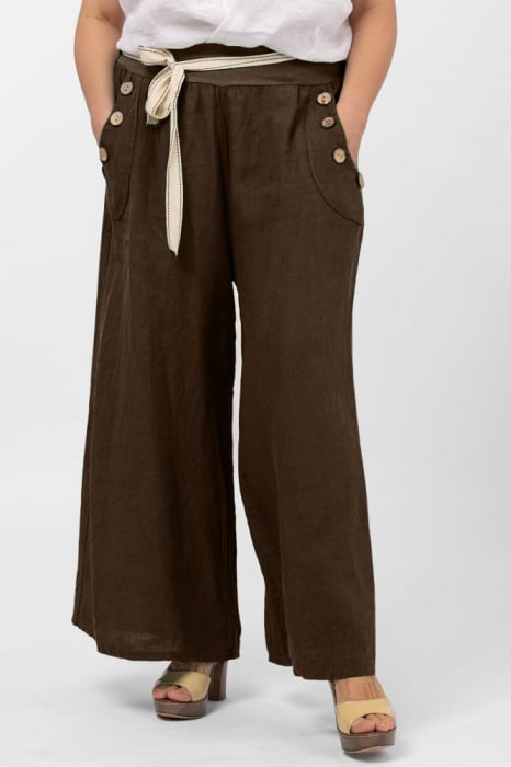 Pantaloni largi de vara, din in, cu nasturi din lemn la buzunare, maron