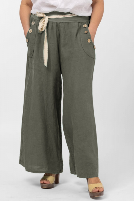 Pantaloni largi de vara, din in, cu nasturi din lemn la buzunare, kaki