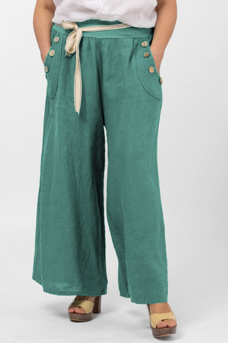 Pantaloni largi de vara, din in, cu nasturi din lemn la buzunare, turcoaz