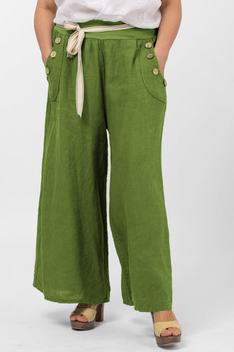 Pantaloni largi de vara, din in, cu nasturi din lemn la buzunare, verde oliv