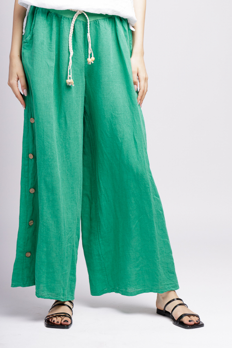 Pantaloni largi de vara, din in, cu nasturi pe laterale, verzi din imagine noua 2022