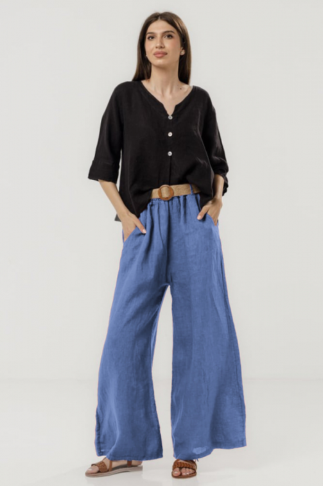 Pantaloni largi de vara, din in alnstru jeans cu croi lejer si curea din sfoara