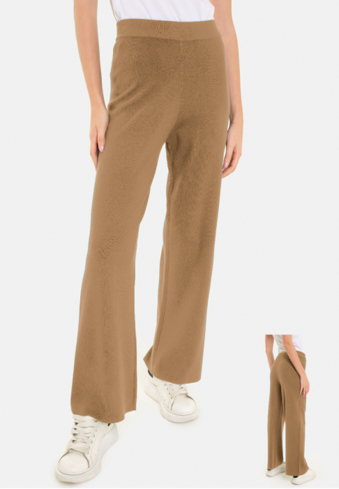 Pantaloni largi si drepti, casual, din tricotaj fin, camel