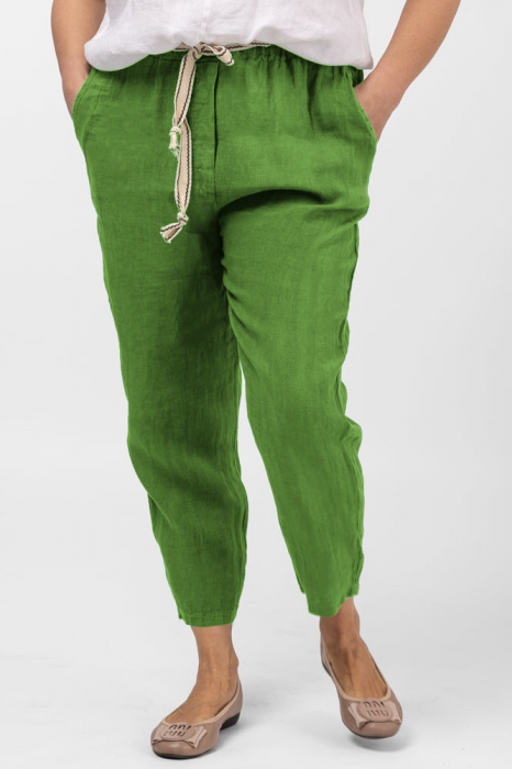 Pantaloni verde oliv din in, pana, cu snur alb