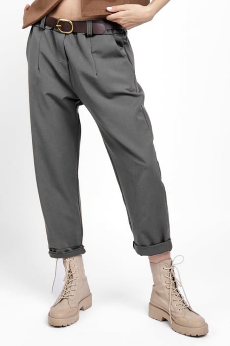 Pantaloni pana, casual, cu o curea fancy, gri