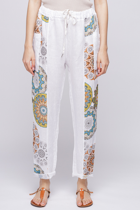 Pantaloni pana din in, cu imprimeu mandale, albi albi imagine noua 2022