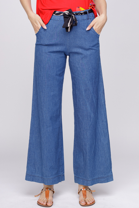 Pantaloni largi jeans cu esarfa in talie esarfa imagine noua 2022
