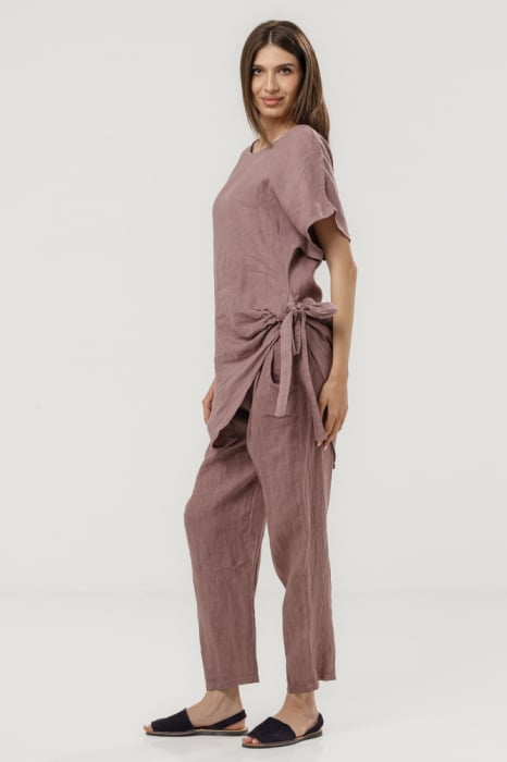 Pantaloni pana din in, cu siret in talie, roz prafuit inchis