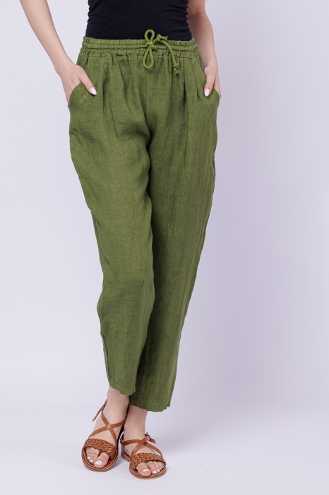 Pantaloni pana din in, cu siret in talie, verde olive