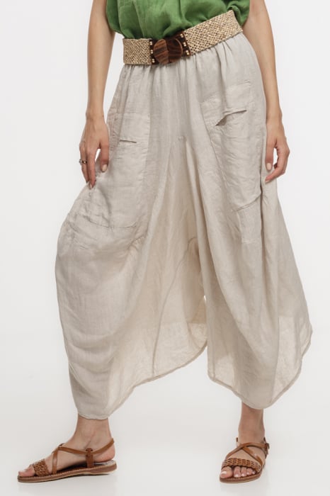 Pantaloni tip salvari din in, croiala asimetrica si buzunare, bej