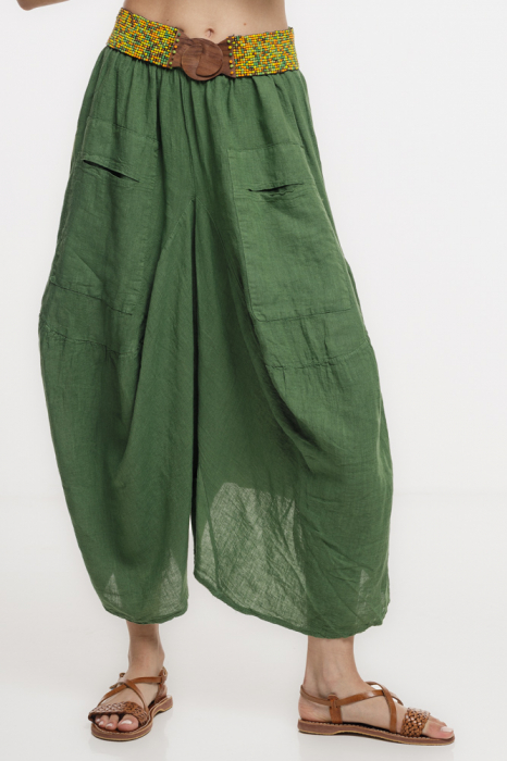 Pantaloni tip salvari din in, croiala asimetrica si buzunare,verde olive
