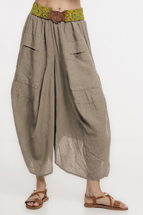 Pantaloni tip salvari din in, croiala asimetrica si buzunare, bej inchis
