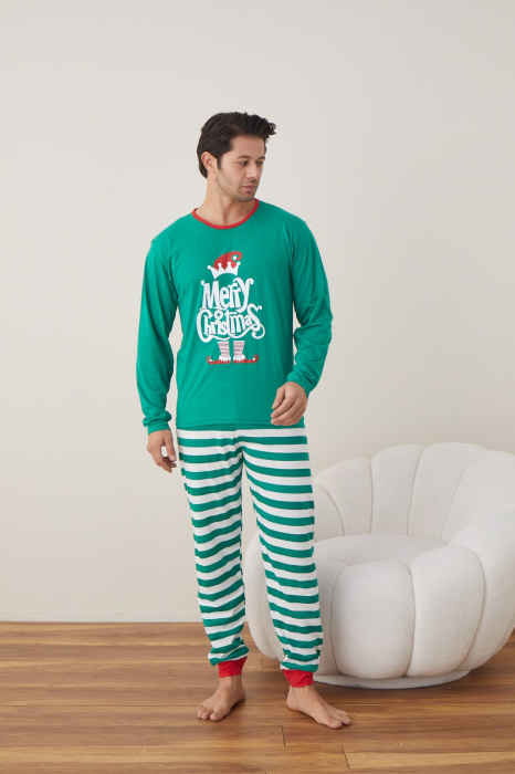 Pijama barbati de Craciun din bumbac, doua piese cu Merry Chritmas