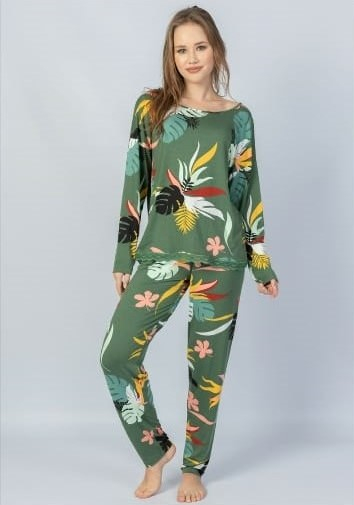 Pijama bumbac doua piese cu decolteu pe spate din dantela si imprimeu frunze bumbac imagine noua 2022