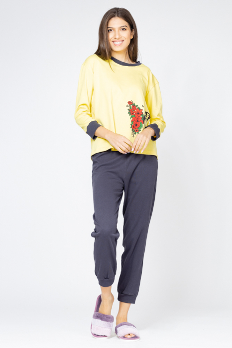 Pijama din tricot plin,de bumbac,doua piese cu fluture, galben-gri bumbacdoua imagine noua 2022