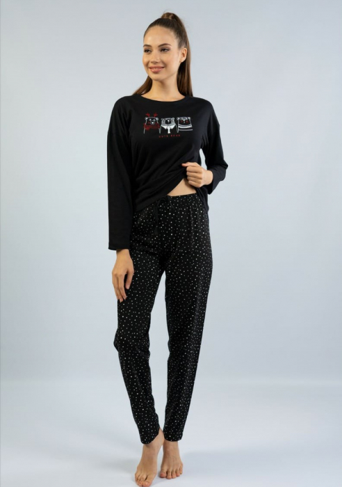 Pijama din bumbac doua piese cu imprimeu teddy bears , fond negru