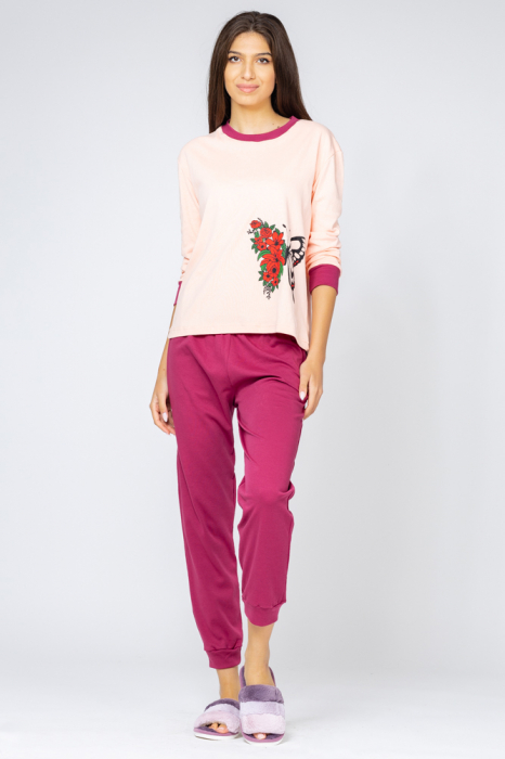 Pijama din tricot plin,de bumbac,doua piese cu fluture, roz – visiniu bumbacdoua imagine noua 2022