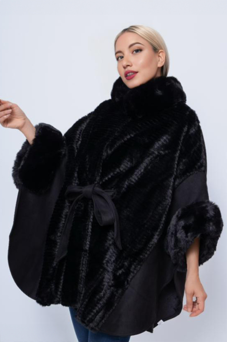 Poncho elegant negru, cu blana artificiala si cordon