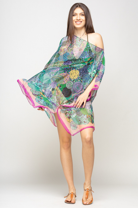 Rochie de plaja tip poncho cu mandale multicolore si margine mov cu roz, matase si vascoza