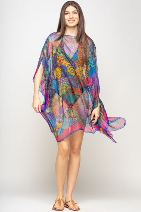 Rochie de plaja tip poncho cu mandale multicolore si margine fucia cu bleumarin, matase si vascoza