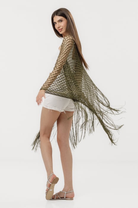 Poncho kaki din plasa cu fir auriu si franjuri lungi