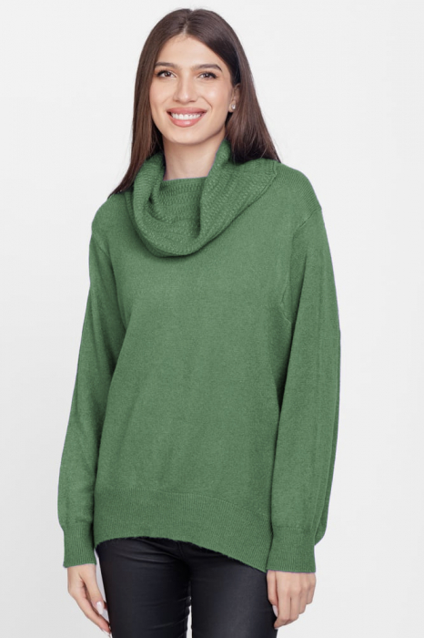 Pulover cu guler inalt elegant, din vascoza si lana, verde
