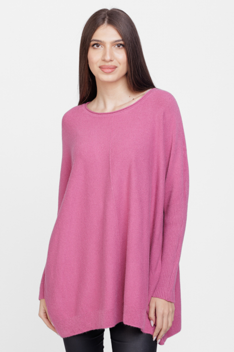 Pulover oversize, la baza gatului, cu maneci stranse, din vascoza si lana, roz inchis