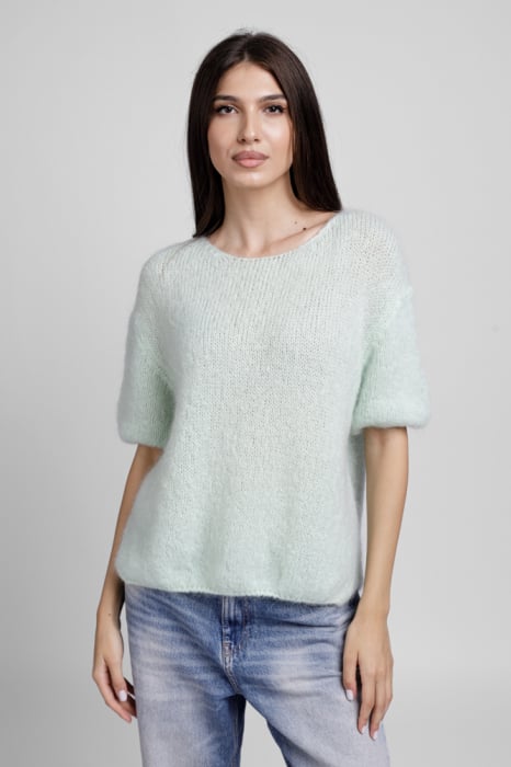 Pulover pufos cu maneca scurta, cu mohair si lana, verde menta