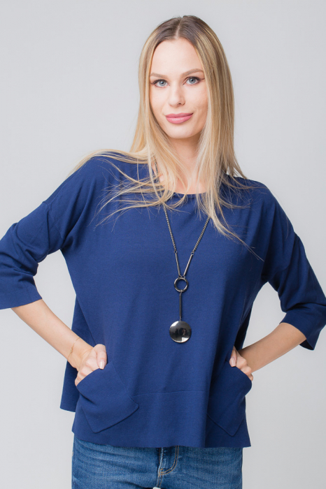 Pulover subtire bleumarin cu 2 buzunare oblice