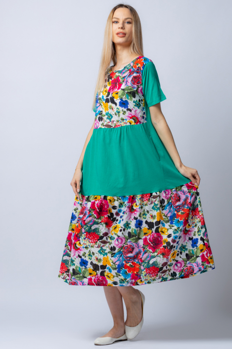 Rochie midi doua volane verde cu imprimeu floral, din bumbac