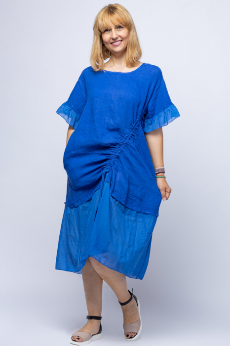Rochie casual albastru electric din in, cu siret oblic si volan la maneci, stella milani