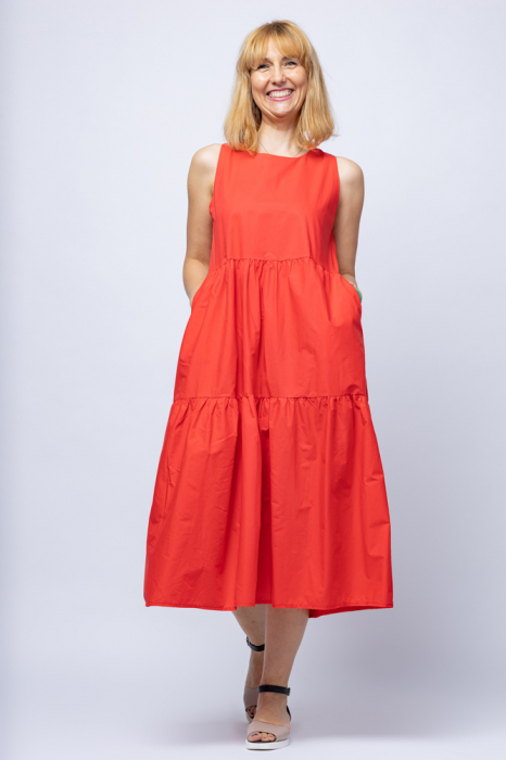 Rochie de vara rosie cu volane, din poplin