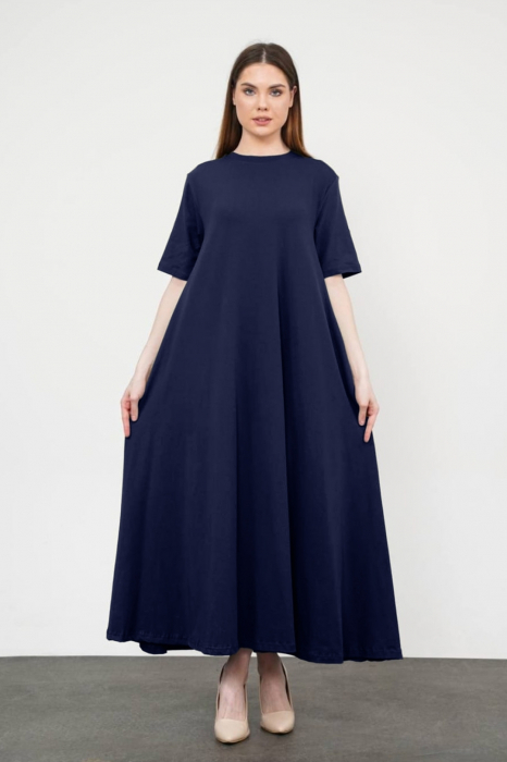 Rochie A-line, ampla, lunga, din jerseu de bumbac, bleumarin