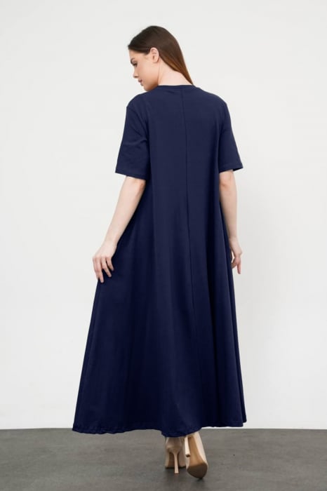 Rochie A-line, ampla, lunga, din jerseu de bumbac, bleumarin