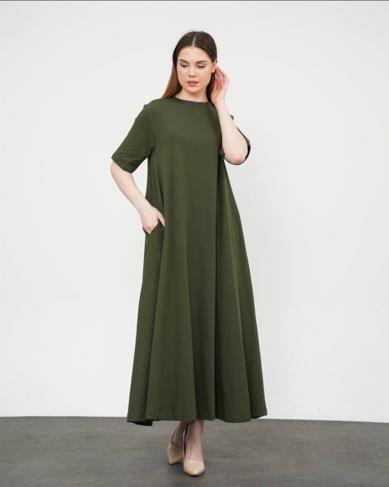 Rochie A-line, ampla, lunga, din jerseu de bumbac, kaki