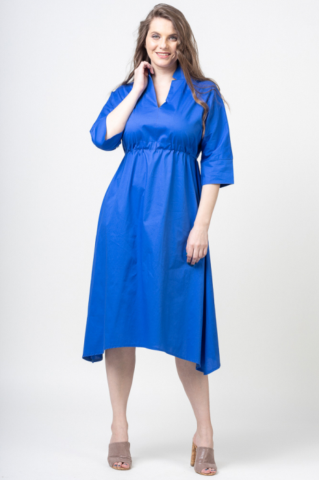 Rochie in colturi, albastra, din bumbac, cu snur in talie
