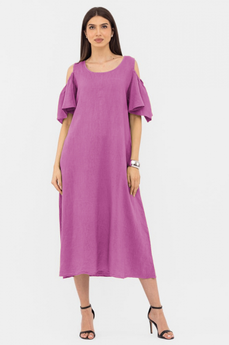 Rochie A-line din in cu umerii goi, lunga,  A-line, mov deschis
