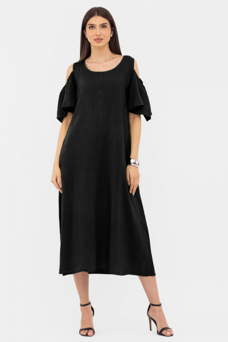 Rochie A-line din in cu umerii goi, lunga,  A-line, neagra