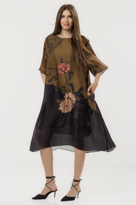 Rochie eleganta satinata A-line cu croiala lejera si imprimeu floral in tonuri de maro si negru