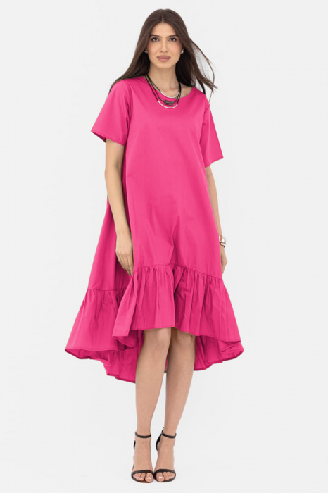 Rochie A-line din poplin, asimetrica, cu volan la baza, fucsia