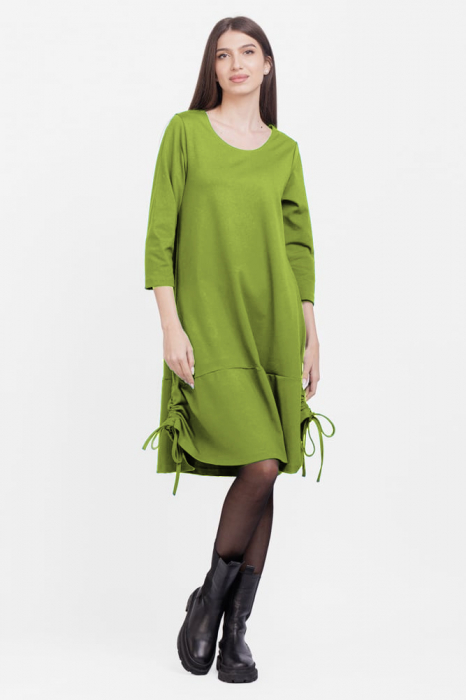Rochie A line , din tricot, cu sireturi laterale, verde olive
