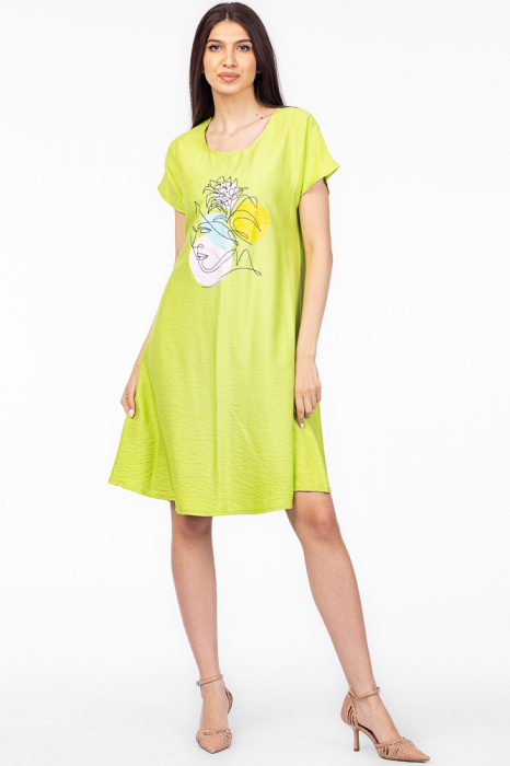 Rochie A line verde lime din in mercerizat, cu imprimeu grafic chip